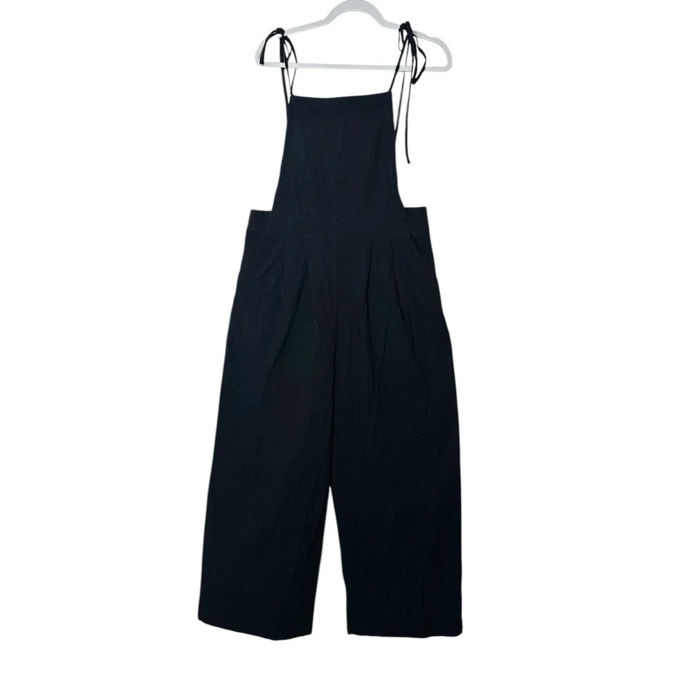Lulu's   Overall Jumpsuit Women Large‎  Black Sleeveless Wide Leg Cotton Summer